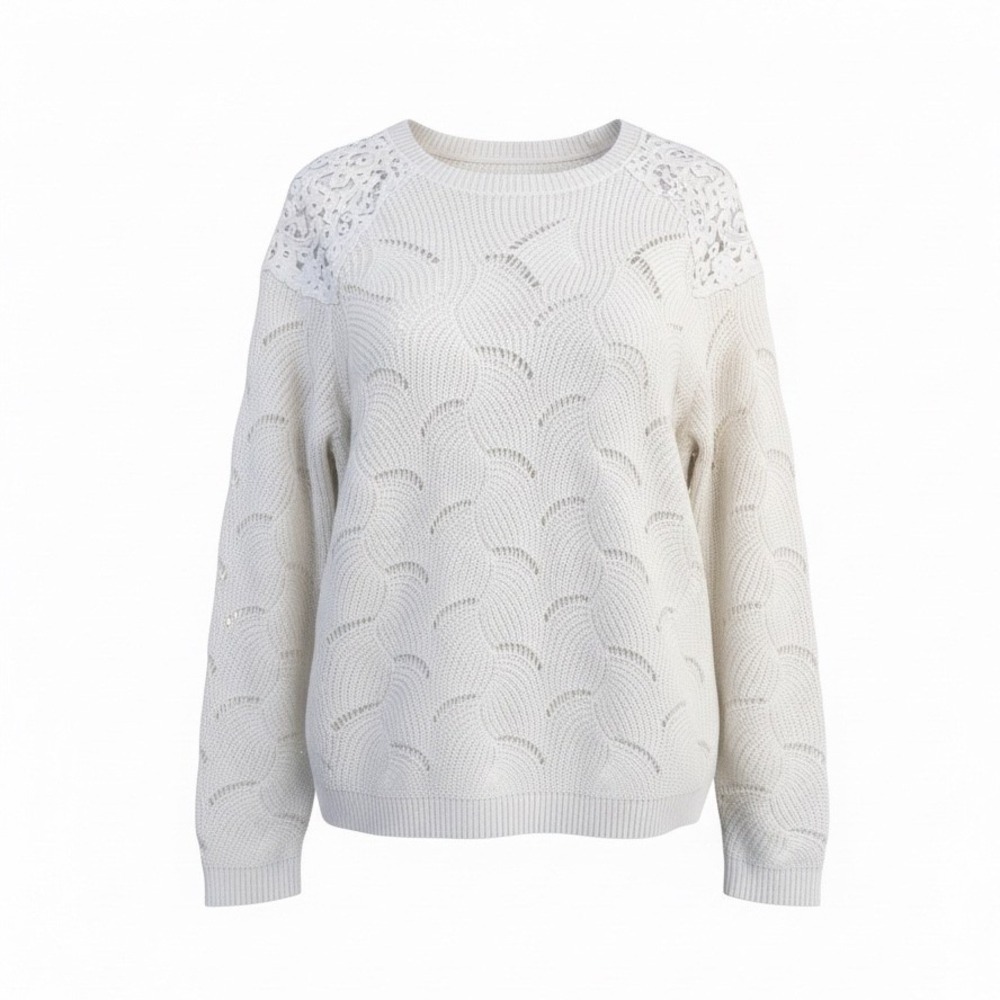 Romantic White Pointelle Knit Scalloped Sweater L Floral Lace Shoulder Boho